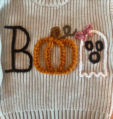 Boo!! This handmade embroidered oversized fall sweater is the perfect addition to your littles fall warddrobe.  Infant and toddler sizes available for custom orders. Embroidery Stick And Stitch, Embroidery On Sweaters, Baby Embroidery Ideas, How To Embroider By Hand, Embroidery Projects Ideas, Embroidery Sweater Diy, Embroidery Sweaters, Wearable Crafts, Embroidered Sweaters