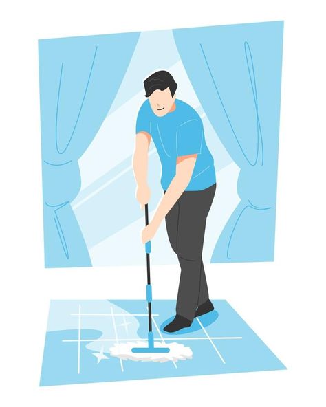 man mopping the floor with a handle mop. cleaning the house. hygiene concept, activity. isolated on blue background with window, curtain. vector illustration in flat style. House Hygiene, Mopping The Floor, Anonymous Mask, Mopping Floors, Cleaning The House, Power Clean, Vector Portrait, Cartoon Images, Flat Style