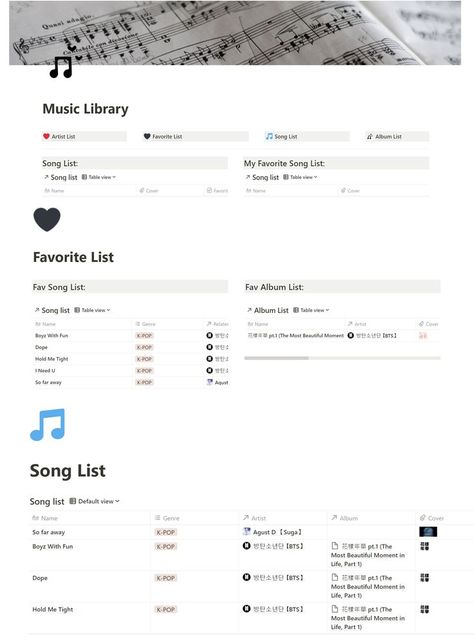 A free notion music library template for your music list, song list or album lists Check out this template - https://spaceofningningen.blogspot.com/2021/10/my-notion-template-site.html Bookish Notion Template, Notion Library Template Ideas, Notion Template Poetry, Notion Book Template Free, Notion List Template, Watchlist Notion Template, Music Notion Template, Notion Music Template, Notion Phone Template