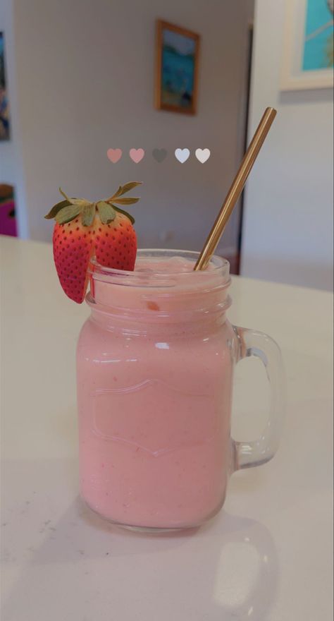 Pink Milk Aesthetic, Strawberry Milkshake Aesthetic, Strawberry Milk Aesthetic, Homemade Strawberry Milk, Nesquik Chocolate Milk, Milk Aesthetic, Period Cravings, Smoothie Jar, Aesthetic Drink