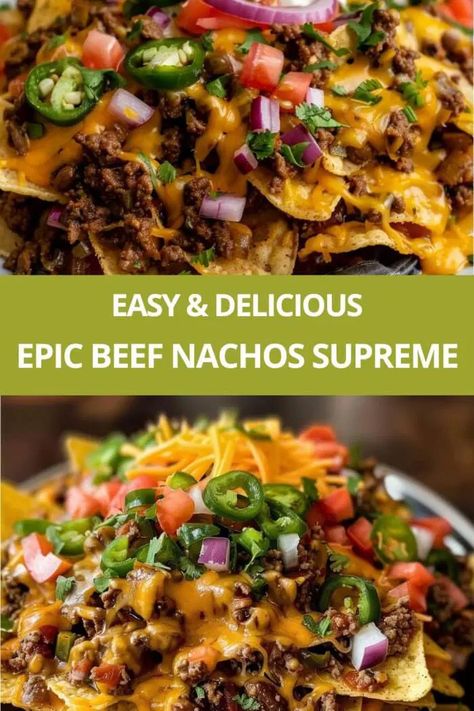 Epic Beef Nachos Supreme Macho Nachos Recipes, Chilli Beef Nachos, Big Back Nachos, Crockpot Nachos Beef, Hamburger Nachos Recipe Beef, Beef Nachos Recipe Easy, Loaded Nachos Recipe Beef, Football Nachos, Gourmet Nachos