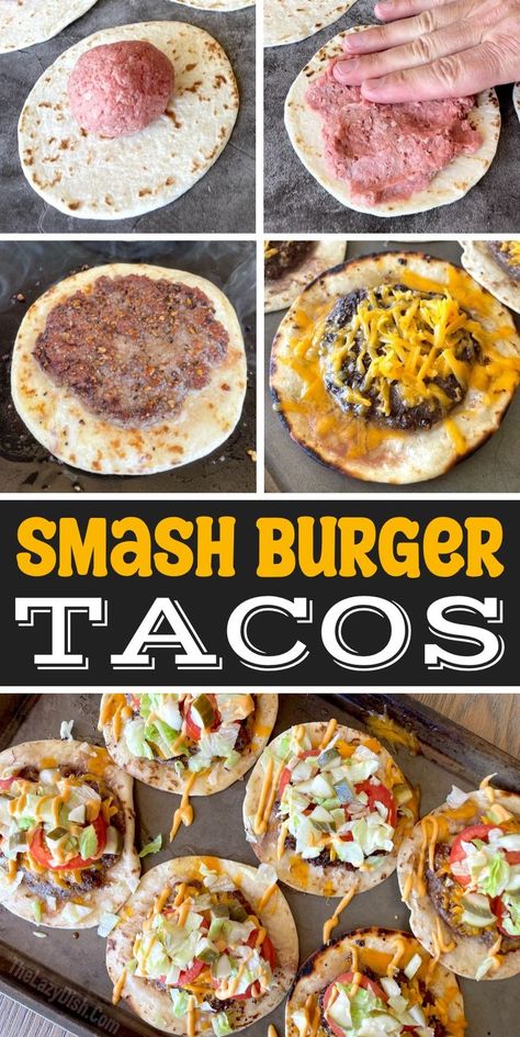 Cooking On A Blackstone Griddle, Cheeseburger Tacos, Smash Burger Tacos, Burger Tacos, Griddle Cooking Recipes, Smash Burger Recipe, Griddle Recipes, Fast Dinner Recipes, Griddle Cooking