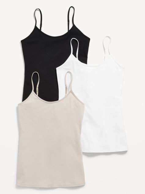 pack includes 3 solid cami tops scoop neck adjustable straps fitted hits at hip models are approx.  5'9" and wear sizes s (4), l (12), and xl (18) Types Of Tank Tops, Realistic Wishlist, Layered Cami, Dr Closet, Great Outfits, Navy Tank Top, Pajamas Gift, Solid Tank Tops, Spaghetti Strap Tank Top