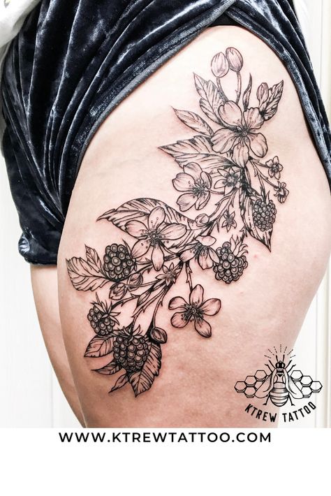 #bramblestattoo #blackberries #tattoos #tattoosforwomen #tattooideas #sunday #blackberriestattoo #blackworktattoo Blackberry Spiderweb Tattoo, Blackberry Tattoos, Gran Tattoo, Blackberries Tattoo, Raspberry Tattoos, Crone Tattoo, Pnw Plants, Blackberry Tattoo, Nape Tattoo