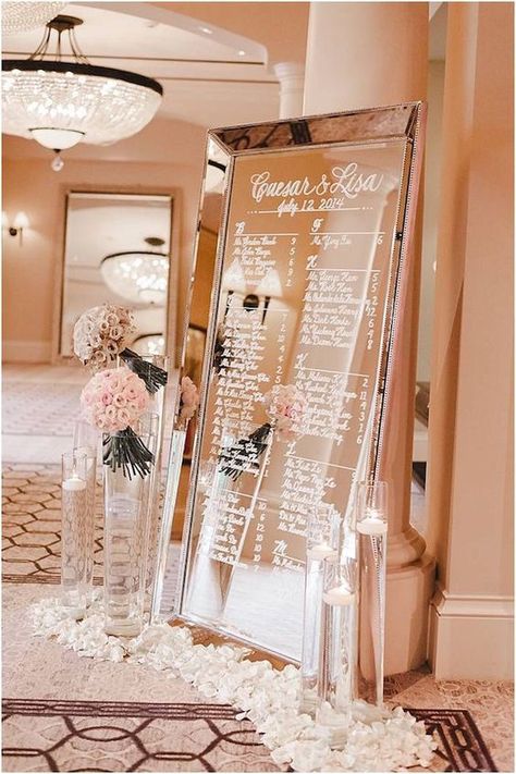 mirror wedding table setting via Jana Williams  / http://www.himisspuff.com/mirror-wedding-ideas/ Mirror Seating Chart, Gold Wedding Decor, Rose Gold Wedding Decor, Rustic Wedding Decorations, Tafel Decor, Foliage Wedding, Gold Wedding Decorations, Wedding Decor Elegant, Glam Wedding