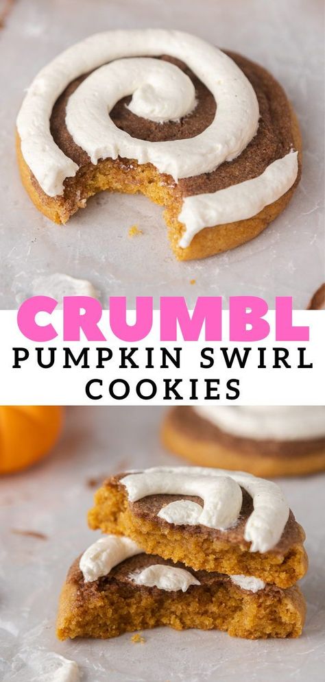 These crumbl pumpkin roll cookies are thick and chewy and packed with pumpkin. They are perfectly spiced with warming spices, then topped with a cinnamon-sugar mixture and cream cheese frosting just like a pumpkin cinnamon roll would be. They are easy t make year round and will be truly loved by everyone! This pumpkin cookie recipe will be my go to thanksgiving dessert this year. Pumpkin Crumbl Cookie, Crumbl Pumpkin Cookies, Keto Crumbl Cookie, Crumbl Pumpkin Cookie Recipe, Fall Crumbl Cookies, Cinnamon Swirl Cookies, Copycat Cookies, Crumbl Copycat, Crumble Cookie Recipe