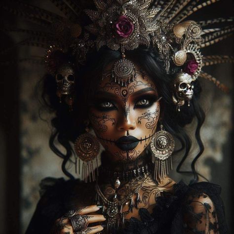 Black Magic Witch Costume, Black Voodoo Queen, Voodoo Outfit Ideas, Voodoo Priestess Art, Voodoo Queen Tattoo, Swamp Costume Ideas, Dark Circus Makeup, Creative Witch Costumes, Dark Witch Costume Makeup