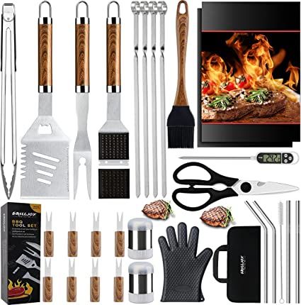 Complete and Practical Grilling Set - Coming with spatula, tongs, fork, basting brush, cleaning brush, extra brush head, glove, thermometer, grill mats, skewers, corn holders, salt shakers, scissors & straws set, you have everything you need to grill masterful meals and all the grill tools will last for years. Durable and Superior Quality Stainless Steel - Unlike many other grill utensil set that are flimsy, rust, or break after a few uses Grilling Accessories, Bbq Kit, Kabob Skewers, Bbq Tool Set, Backyard Activities, Grill Tools, Grilling Utensils, Bbq Skewers, Bbq Set