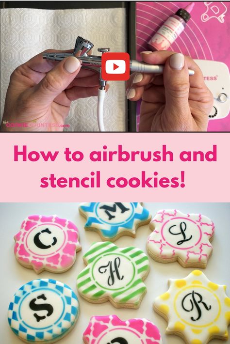 Airbrush Royal Icing Cookies, Air Brush Cookies Royal Icing, Airbrush Cookies Tutorials, Airbrush Cakes Beginner, Stenciled Cookies Royal Icing, How To Airbrush Cookies, Air Brushing Cookies, Air Brushed Cookies, Airbrushed Cookies Decorated