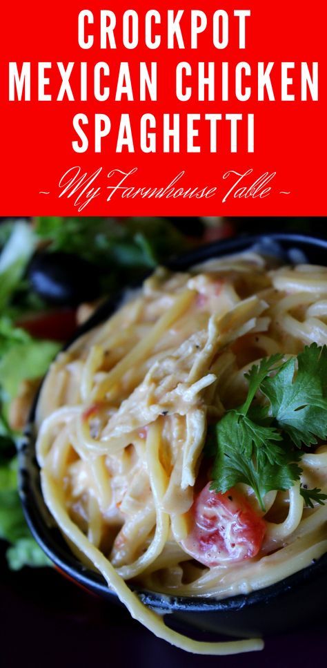 Crockpot Mexican Chicken Spaghetti - My Farmhouse Table Mexican Chicken Spaghetti Crockpot, Mexican Chicken Spaghetti, Freezer Meal Ideas, Slow Cooker Mexican Recipes, Crockpot Rotisserie Chicken, Crockpot Mexican Chicken, Crockpot Mexican, Mexican Spaghetti, Crockpot Chicken Spaghetti