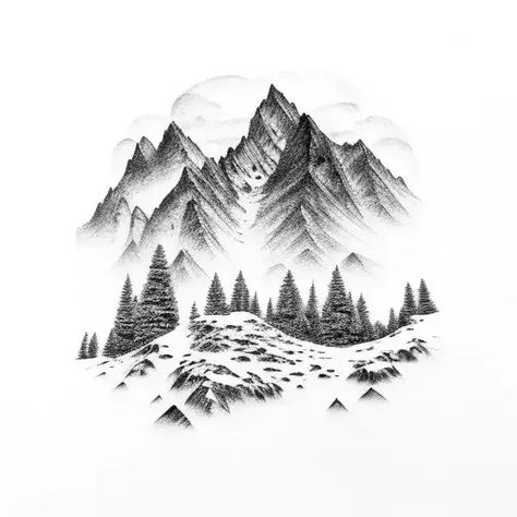 Black-Grey Mountain Scene Tattoo Design Idea North Carolina Mountains Tattoo, Foggy Mountain Tattoo, Mountain Tattoo Ideas For Men, Mountain Chest Tattoo Men, Big Mountain Tattoo, Scenery Tattoos For Men, Rocky Mountains Tattoo, Smokey Mountain Tattoo, Mountain Scenery Tattoo