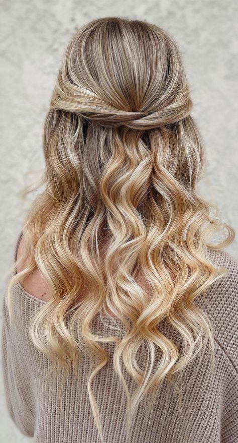 half up half down hairstyle, half up half down hairstyles, half up half down wedding hairstyle, wedding hairstyles, half up half down bridal hairstyle, half up half down Soft Curls For Medium Hair Half Up, Half Up Half Down Hairstyles Mid Length, Half Up Do Bridesmaid Hair, Half Up Curls Hairstyles, Curled Half Up Half Down Prom Hair, Hoco Hair Inspo Half Up Half Down, Wig Install Hairstyles Half Up Half Down, Jr Bridesmaid Hairstyles Half Up, Curled Hair Half Up