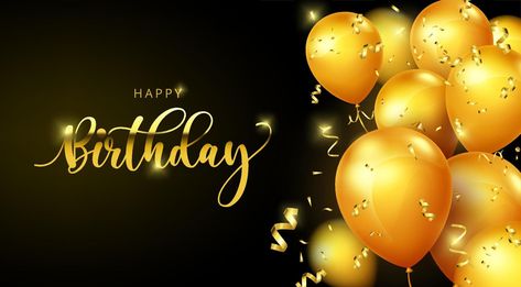 Birthday balloons vector banner template. Happy birthday greeting text with elegant gold balloons and confetti element in black background for celebrating birth day design. Vector illustration Happy Birthday Background Design Landscape, Happy Birthday Landscape Background, Happy Birthday Template Layout, Birthday Background Landscape, Happy Birthday Landscape, Gold Birthday Banner, Happy Birthday Words, Layout Landscape, Birthday Background Design