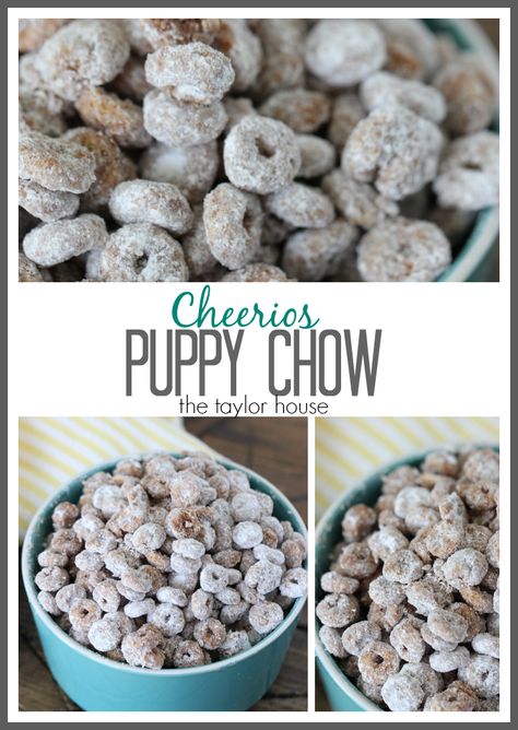 Cheerios Puppy Chow (Muddy Buddies) - The Taylor House Cheerios Puppy Chow, Cheerio Puppy Chow, Mini Donut Hot Buttered Cheerios, Chocolate Cheerios Recipes, Cheerios Snacks, Cheerios Recipes, Mix Kids, Chex Mix Puppy Chow, Cheerios Cereal