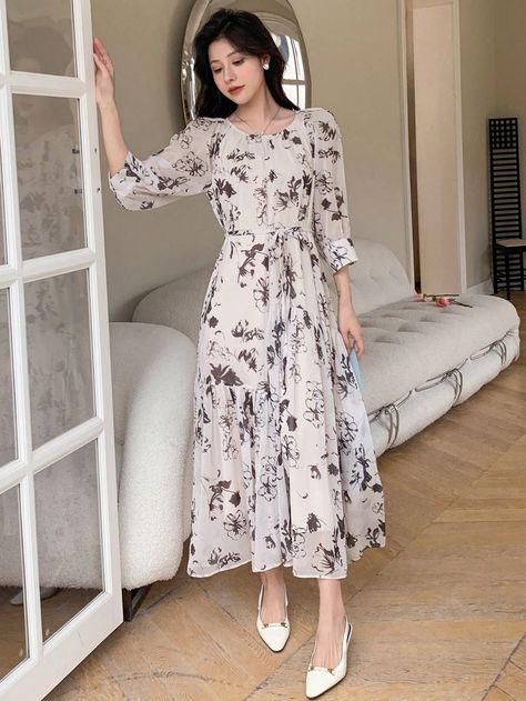 Beige  Collar Three Quarter Length Sleeve Woven Fabric Floral,Plants,All Over Print A Line Embellished Non-Stretch  Women Clothing Middie Dress Casual, Middie Dress, Fabric Floral, Belted Dress, Women Dresses, Dress P, Raglan Sleeve, Classy Outfits, Three Quarter