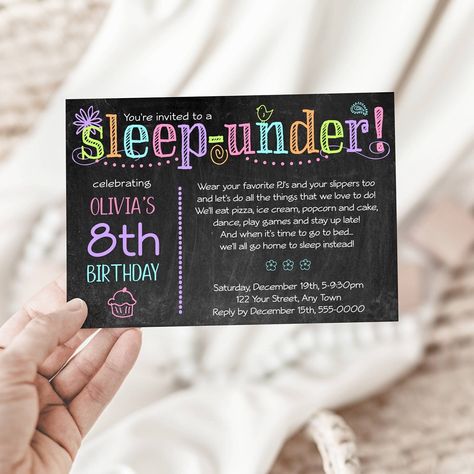 Editable Sleepover Birthday Party Invitation | Chalk Letter Design for Girls Throw the ultimate "Sleepunder" celebration with this charming Editable Chalk Letter Birthday Invitation! Perfect for any age, this editable template in two sizes, can be customized directly  in your browser--no software or fonts to install. Save, download, and share your invitation digitally or in print. WHAT'S INCLUDED * 5X7" and 4x6" Invitation Templates (front and optional back) * EDIT online, customize text in your Sleep Under Party Ideas, Sleep Under, Slumber Party Invitations, Sleepover Birthday Parties, Girl Birthday Party Invitations, Chalk Lettering, Fancy Script, Photo Birthday Invitations, 50th Birthday Invitations