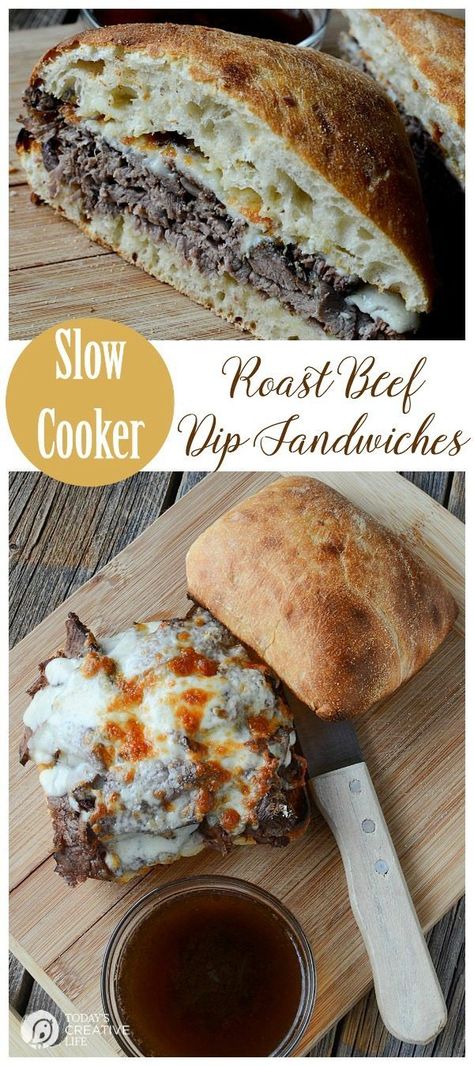 Slow Cooker Roast Beef Dip Sandwiches | This hearty crockpot recipes is for all french dip lovers! Served on a crisp ciabatta roll for extra crunch. Great for family dinners or weekend suppers. Get the recipe on http://TodaysCreativeLife.com Hot Ciabatta Sandwich Recipes, Recipes Using Ciabatta Rolls, Dipped Sandwiches, Ciabatta Sandwich Recipes, Beef Dip Sandwiches, Roast Beef Dip, Ciabatta Sandwich, Slow Cooker Roast Beef, Ciabatta Roll