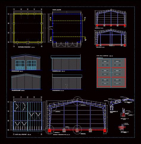 Industrial hangar in AutoCAD | Download CAD free (292.3 KB) | Bibliocad Small Factory Design, Spiral Staircase Plan, Warehouse Plan, Warehouse Layout, Hangar Design, Roof Truss Design, Truss Structure, Steel Architecture, Steel Structure Buildings