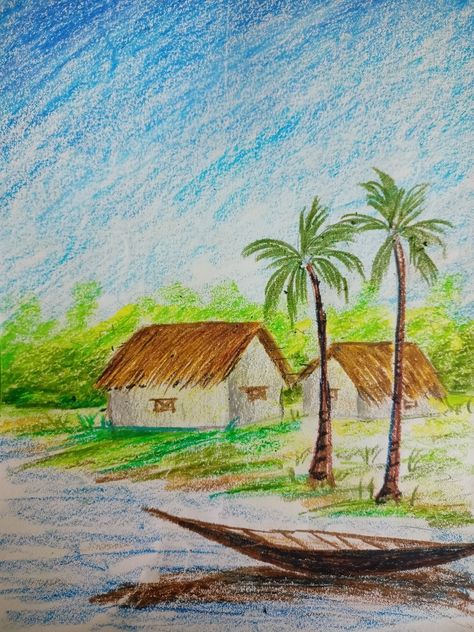 plastic crayons drawing.Landscapes, rural scenes, village life Landscape With Crayons, Rural Area Drawing, Rural Landscape Drawing, Village Life Drawing Easy, Plastic Crayons Drawing, Village Scene Drawing Easy, Village Drawing Landscapes, Village Life Drawing, Easy Nature Drawings