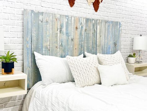 PRICES MAY VARY. [COLORWASH HEADBOARD CALIFORNIA KING] Featuring an original headboard design in a natural light blue wood plank color washed with white tones, handcrafted with real solid wood. [SIGNATURE DESIGN] A simple and beautiful minimalist handcrafted wood California King headboard design made with real solid wood, pleasing to the eye and mind. [HANDCRAFTED] Each wood board is individually hand brush-painted and stained to achieve a Farmhouse Coastal Cowgirl Aesthetic look. As they are ma Headboard Farmhouse, Solid Wood Headboard, Handmade Headboards, King Size Bed Headboard, King Bed Headboard, Blue Headboard, Beautiful Bedrooms Master, Full Headboard, Twin Headboard