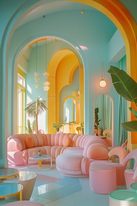 Living Room Pastel Aesthetic, Pastel Interior Aesthetic, Interior Design Pink Bedroom, Pastel Colors Room Aesthetic, Modern Memphis Interior, Fun Colorful House Interior, Mystical Interior Design, Colorful Loft Apartment, 70s Italian Interior Design