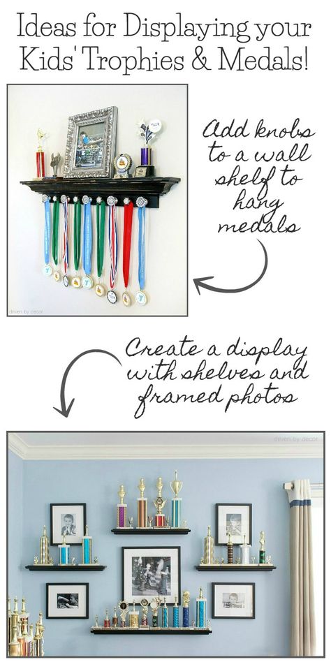 Love these ideas for displaying kids' trophies, medals, and ribbons! Click through for the how-to! Trophy Organization Ideas, Medal Display Ideas Golf, Ribbon And Trophy Display Ideas, Golf Trophy Display, Display Metals And Ribbons, Wrestling Medal Display Ideas Diy, How To Display Ribbons And Medals, Trophy And Metal Display Ideas, How To Display Trophies