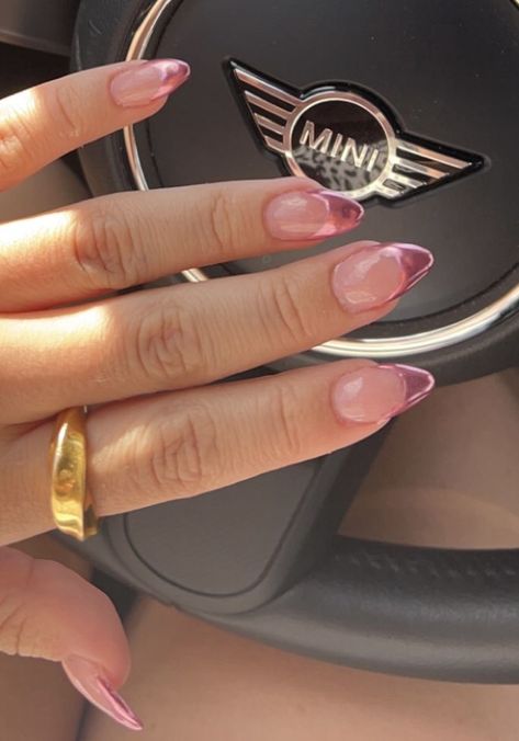 Chrome Pink Tip Nails, Pink Nails With Chrome Tips, Pink Metallic Almond Nails, Metallic Pink French Nails, Pink Chrome Nails Tips, Short White Chrome French Tip Nails, Hot Pink Chrome French Tip Nails Almond, Metallic French Tip Nails Short, Chrome Pink French Tips