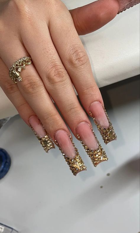 Good Rhinestone Nails, Gold Diamond French Tip Nails, Gold French Tip Nails With Gems, Acrylic Nails With Gold Rhinestones, Gold Rhinestone French Tip Nails, Rhinestone Gold Nails, Square Acrylic Nails Gold, Blinged Out French Tip Nails, Gold Diamond Nails