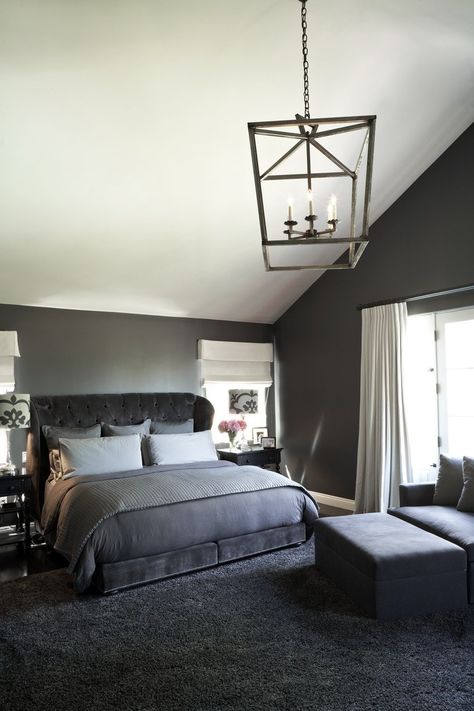 Interior Design: Kishani Perera   kishaniperera.com/ Photography: Jean Randazzo   jeanrandazzo.com/   View more: http://stylemepretty.com/vault/gallery/14276 Dark Grey Carpet Bedroom, Charcoal Grey Bedrooms, Grey Carpet Bedroom, Black And Grey Bedroom, Dark Gray Bedroom, Dark Grey Carpet, Blue Gray Bedroom, Bedroom Ideas For Men, Grey Bedroom Design