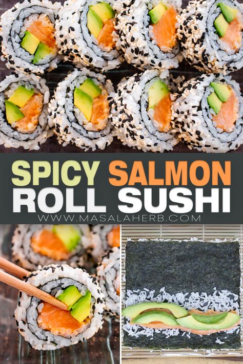 We show you how to prepare a homemade spicy salmon roll sushi. This is a spicy inside-out sushi roll with raw salmon fish. I have added instructions for using cured salmon. Homemade Sushi Salmon, Homemade Sushi Rolls Recipes, Salmon Roll Sushi, Salmon Sushi Recipes, Spicy Salmon Roll, Spicy Salmon Sushi, Homemade Sushi Rolls, Japanese Mayo, Salmon Sushi Rolls