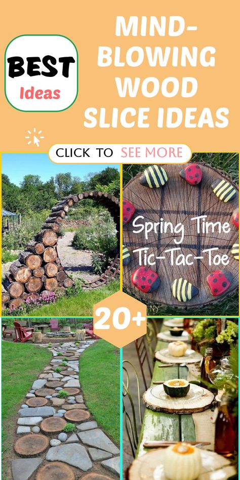 Elevate your home and garden with these mind-blowing wood slice ideas that bring a touch of natural beauty and rustic charm to your space! From stunning tree stump tables that add a touch of organic elegance to whimsical DIY coasters that infuse your home with warmth and character, these creative projects will inspire you to embrace the beauty of wood in every corner of your living environment.  #WoodSliceDecor #RusticHome #GardenCrafts #NaturalBeauty Tree Ring Art Diy Wood Slices, Log Slices Ideas Diy Projects, Log Ideas For Garden, Round Tree Slices Ideas, Diy Wood Garden Decor, Wood Round Projects, Tree Rounds Crafts Wood Slices, Tree Logs Ideas Diy, Tree Log Ideas Outdoor