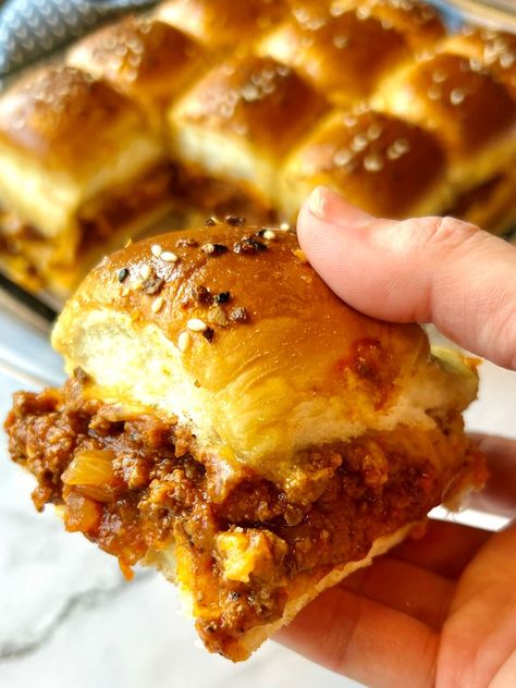 Sloppy Joe Sliders - The Menu Maid Sloppy Joe Subs, Baked Sloppy Joe Sliders, Sliders For A Crowd Hawaiian Rolls, Fancy Sloppy Joes, Sloppy Joe Sliders Hawaiian Rolls, Sloppy Joe Ideas, Crockpot Sliders, Sliders With Ground Beef, Oven Sliders