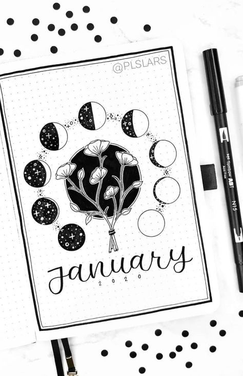 Bullet Journal Topics, January Bujo, Bullet Journal Monthly Spread, January Bullet Journal, Line Art Flowers, Calendar Journal, Moon Journal, Bullet Journal Notes, Bulletin Journal Ideas