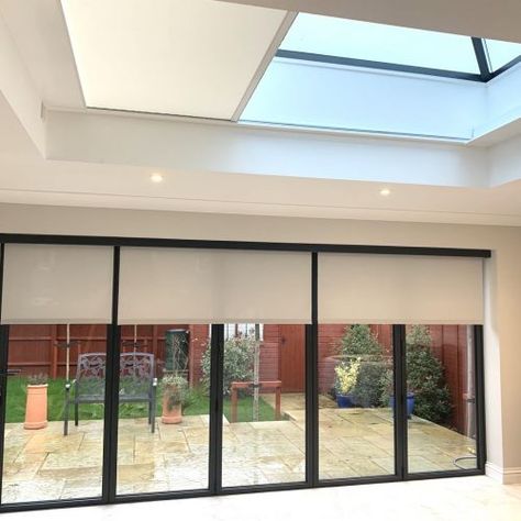 Bifold Door With Blinds, Click Fit Bifold Blinds, Blinds For Garden Room, Electric Blinds For Patio Doors, Blinds Or Curtains For Bifold Doors, Bifold Door Window Covering, Bi Fold Doors Living Room Curtains, Roller Blinds For Bifold Doors, Bifold Door Blinds Curtains