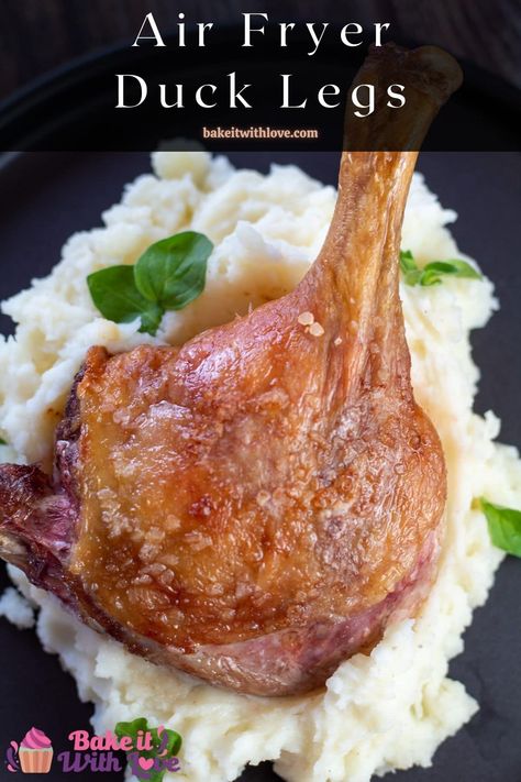 Perfectly crispy duck legs in minutes makes a gourmet dinner easy, served on mashed potatoes with oregano garnish. Roasted Duck Legs Recipe, Air Fryer Duck, Duck Leg Recipes, Celeriac Mash, Cherry Sauce Recipe, Roasted Duck Recipes, Confit Recipes, Food Chinese, Meat Casserole