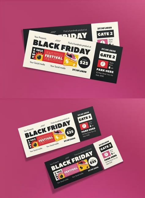 Coupon Design Layout, Ticket Graphic Design, Coupon Design Ideas, Voucher Design Ideas, Ticket Design Ideas, Black Friday Design Ideas, Event Ticket Design, Tickets Design, Ticket Ideas