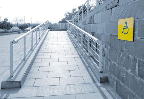 Disabled Ramps, Ada Bathroom, Ramp Design, Apartment Exterior, Pedestrian Walkway, Yellow Sign, Wheelchair Ramp, Barrier Free, Metal Pole