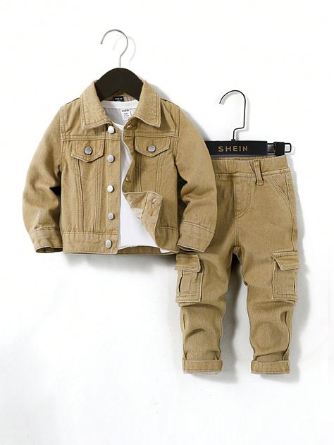 SHEIN Baby Boys' 2pcs/Set Casual Long Sleeve Denim Jacket And Cargo Pocket Khaki Jeans Set,For Outdoor Wear OutfitI discovered amazing products on SHEIN.com, come check them out! Boys Jean Jacket, Boys Denim Jacket, Denim Jacket And Jeans, Baby Boy Jeans, Cargo Outfit, Jean Jacket Outfits, Denim Jacket Outfit, Long Sleeve Denim Jacket, Khaki Jeans