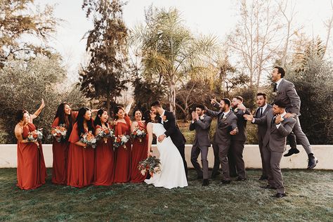 Grey And Rust Wedding Party, Rust Bridesmaid Dress With Groomsmen, Terracotta And Charcoal Wedding, Tan Groomsmen Suits With Terracotta, Terracotta And Grey Wedding Party, Dark Grey And Terracotta Wedding, Copper And Gray Wedding, Copper Bridesmaid Dresses With Groomsmen, Cinnamon Wedding Color Scheme Groomsmen