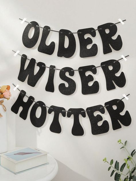 Black 'older Wiser Hotter' Fantasy Silver, Green, Pink, Pull Flag Disco Birthday Party Decoration Banner, Set Of 1I discovered amazing products on SHEIN.com, come check them out! 25th Birthday Ideas Him, 33 Birthday Party Ideas, Rip To My 20s Party Ideas, 30th Birthday Disco Theme, 20s Birthday Party Theme, Disco 30th Birthday Party, 30th Birthday Disco, Black Birthday Party Aesthetic, 25th Birthday Party Ideas