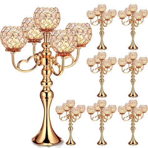 PRICES MAY VARY. Comprehensive Package: the package includes 8 pieces of the 5 arm gold crystal candle holders for table centerpiece, each bathe your evenings in its velvet glow; It also gives you the freedom to create various decorative arrangements; Use them at once for a grand centerpiece or space them apart to create a cohesive decor theme Solid and Enduring: these gold candelabra centerpieces, standing at a height of about 21.5 inches/ 54.5 cm, are made from metal; The opening diameter of e Gold Candelabra Centerpiece, Anniversary Dinner Party, Candelabra Centerpieces, Dinner Home, Gold Candelabra, Centerpieces For Tables, Crystal Candle Holders, Candelabra Centerpiece, Crystal Candelabra