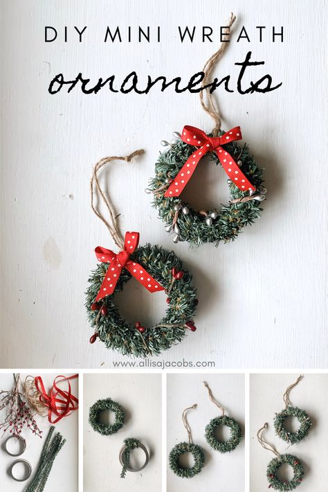 DIY mini wreath christmas ornaments - easy to make, just start with a jar lid ring! #diychristmas #christmasornaments #miniwreaths Mini Wreaths Diy Christmas, Mini Wreath Diy, Christmas Ornaments Wreaths, Allisa Jacobs, Mini Wreaths Christmas, Diy Christmas Ornaments Rustic, Wreath Diy Christmas, Wreaths Diy Christmas, Jul Diy