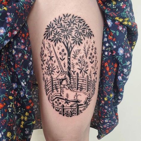 The Unicorn Rests in a Garden from the Unicorn Tapestries, done by @ruthcallawaytattoo - books open! Tapestry Tattoo, Unicorn In Captivity, Unicorn Tapestries, Fruit Tattoo, Celestial Tattoo, Medieval Tattoo, Nyc Tattoo, Unicorn Tattoos, Books Open