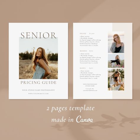 Senior Photography Pricing List| Senior Pricing Guide Sheet Template| Senior Collection Package| Photographer Price Guide| Canva Template https://etsy.me/3aqpLr8 #seniorpricelist #seniorpriceguide #seniorpricinglist #photopricesheet #canvatemplate #photographypricing # Senior Package Pricing, Senior Packages Photography, Senior Picture Pricing Guide, Senior Photo Packages, Senior Photography Pricing Guide, Photographer Price List, Photographers Price List, Photography Pricing Guide, Photography Pricing Template