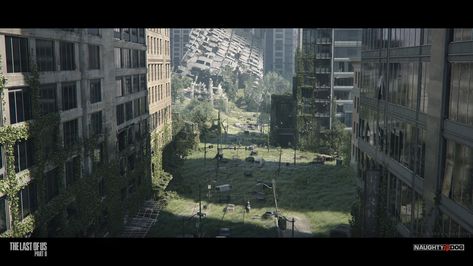 ArtStation - Fallen Building - Seattle Arrival, Robby Johnson Post Apocalyptic Seattle, Overgrown City Art, Over Grown City, Fallen Building, Tlou Seattle, Distopian Architecture, Apocalypse Building, Zombiecore Aesthetic, Post Apocalyptic Sci Fi