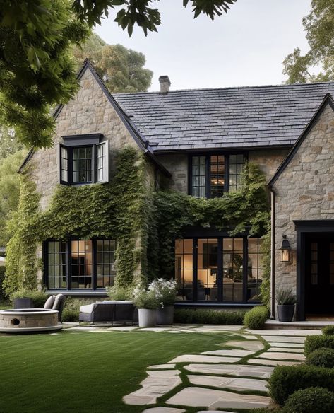 Modern Edwardian Exterior, Lannon Stone Exterior, Upstate New York Cottage, French Modern Cottage, Stone House Black Windows, English Country Exterior Homes, Moody Home Exterior, Modern Cottage Homes Exterior, Italian Cottage Aesthetic