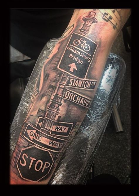 Street Sign Tattoo, Street Tattoos, Tricep Tattoos, Houston Tattoos, Cool Half Sleeve Tattoos, New York Tattoo, Nyc Tattoo, Sign Tattoo, Gangsta Tattoos