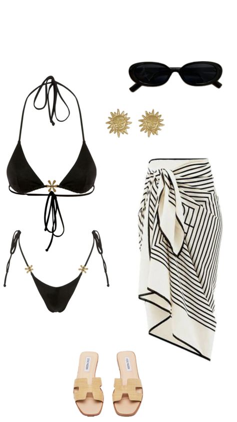 Beach outfit, black bikini set, european summer outfit idea Beach Outfits Swimsuit, Vacation Polyvore Outfits, Black And Gold Beach Outfit, Europe Aesthetic Bikinis, Holiday Outfits Summer Beach Bikinis, Dark Vacation Outfits, European Summer Bikinis Outfits, Cabo Spring Break Outfit, Sim4 Swimsuit