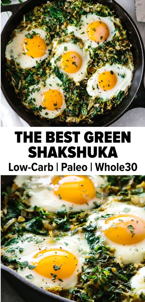 Filling Vegetarian Breakfast, Low Carb Shakshuka, Eggs And Greens Breakfast, Meal With Eggs, Eggs And Greens, Green Shakshuka Recipe, Shakshouka Eggs Recipe, Recipes With Poached Eggs, Healthy Meals With Eggs