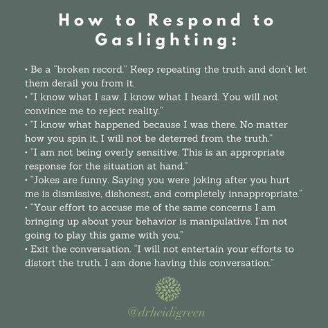 Dr. Heidi, Trauma Specialist (@drheidigreen) posted on Instagram • Dec 8, 2020 at 4:30pm UTC Respond To Gaslighting, Cloth Backpack, Creating Boundaries, Narcissism Relationships, Healing Journaling, Healthy Communication, Relationship Psychology, Inner Child Healing, Energy Healing Spirituality